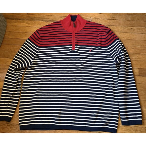 Men's XXL Nautica Striped Navy, White and Red Quarter Zip Long Sleeve Sweater - Picture 9 of 9